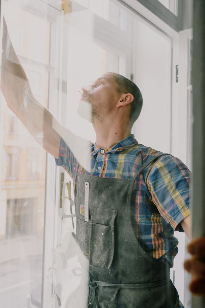 about-img Professional focused craftsman in uniform standing with raised arm standing behind glass while assembling window in apartment during renovation works